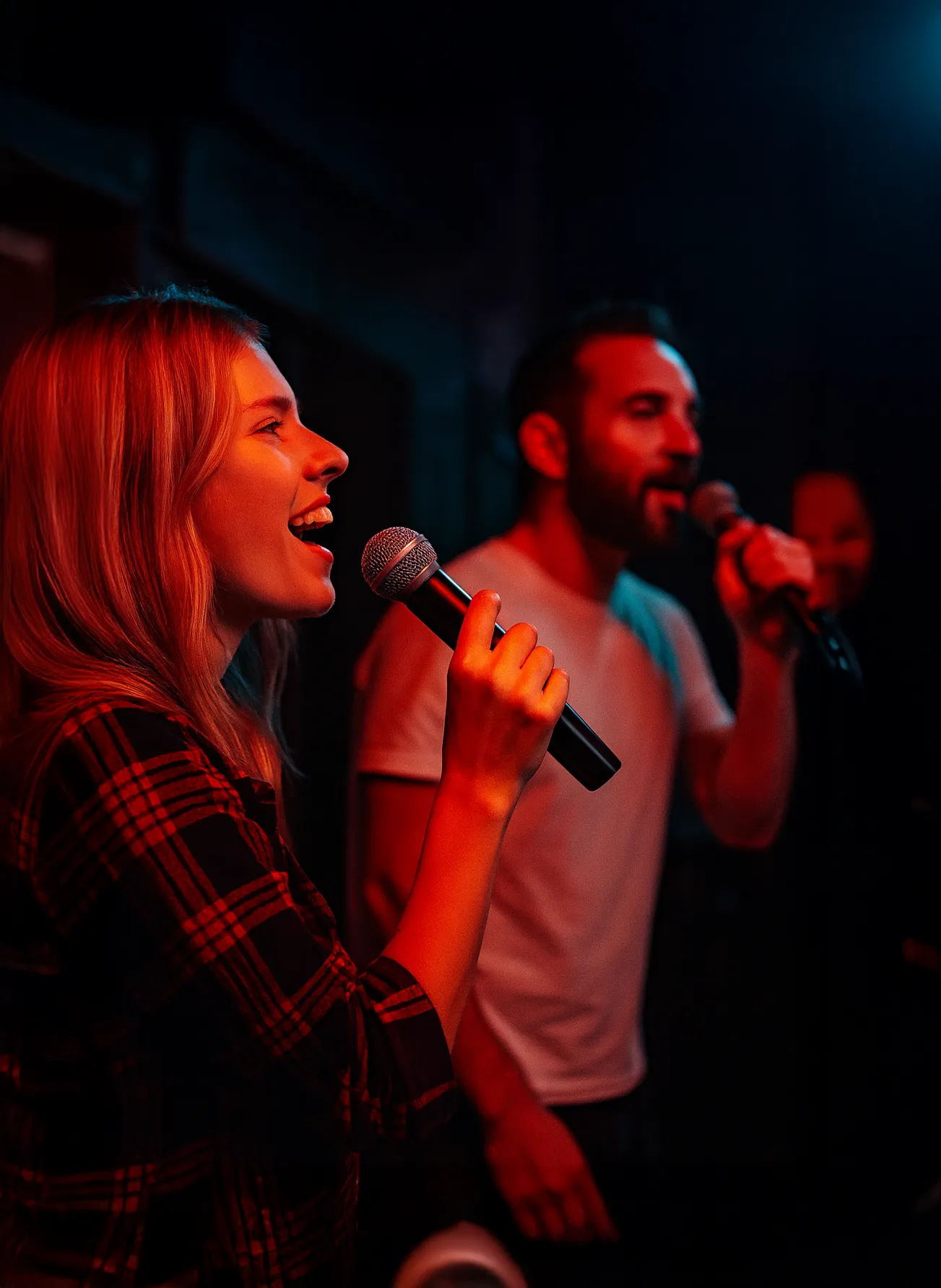 Stimmungsvoll beleuchteter Karaoke- und Barbereich mit roten Lichtakzenten